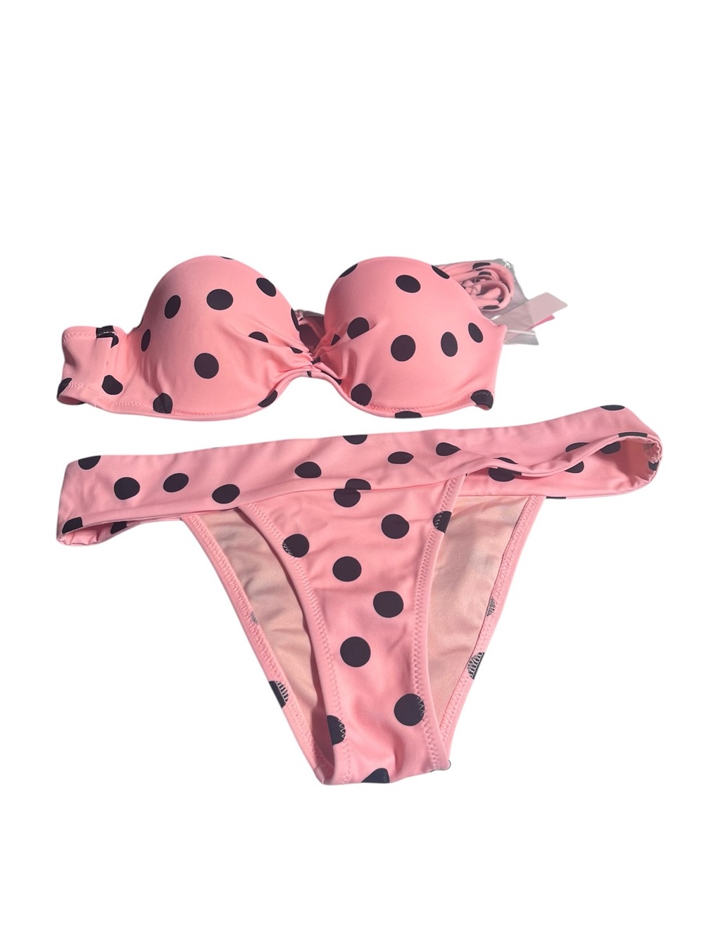 Victoria's Secret bikini set featuring a peachy-pink base with a black polka dot